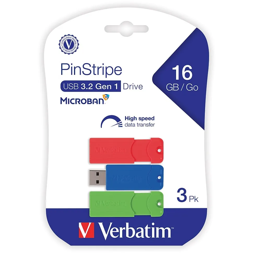 PinStripe 16GB USB 3.2 Type A Flash Drive, Assorted Colors, 3/Pack (70386) | Verbatim Cheap