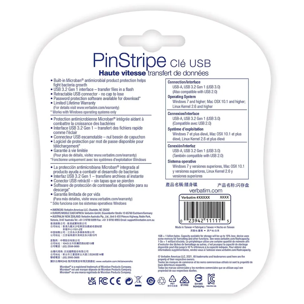 PinStripe 16GB USB 3.2 Type A Flash Drive, Assorted Colors, 5/Pack (70387) | Verbatim Outlet