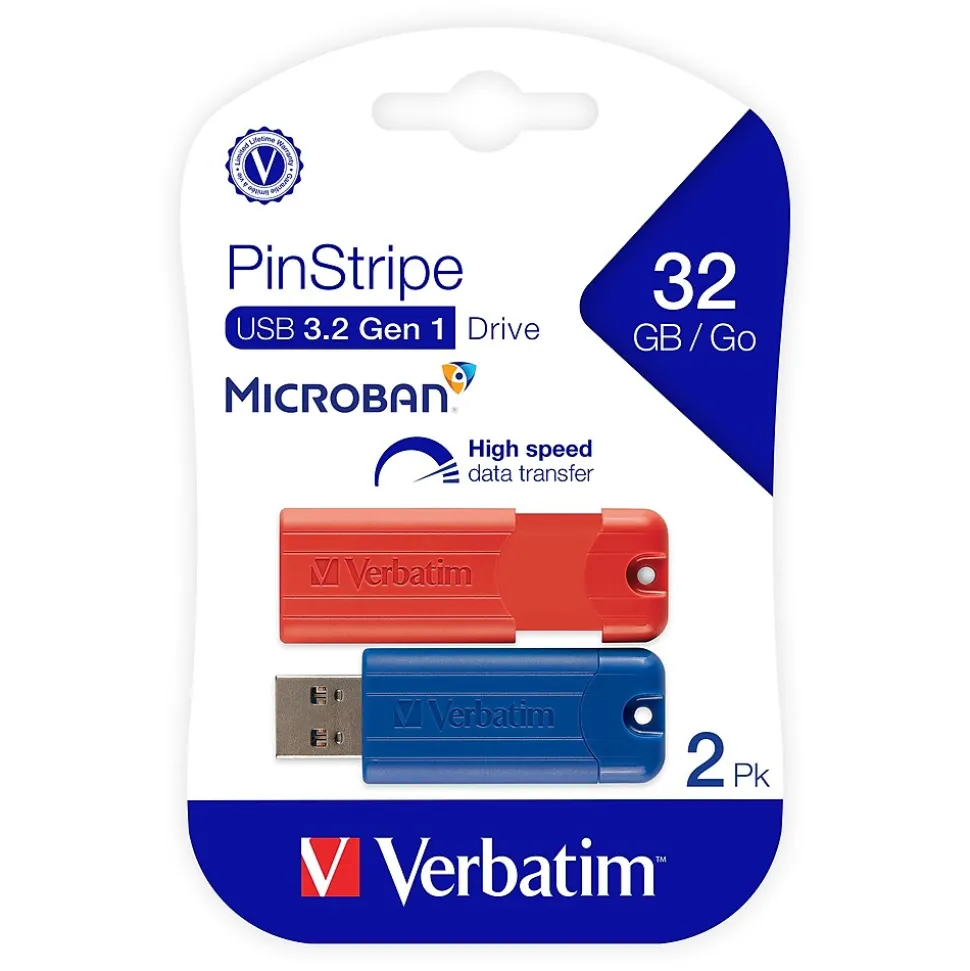 PinStripe 32GB USB 3.2 Type A Flash Drive, Blue, Red, 2/Pack (70056) | Verbatim Clearance