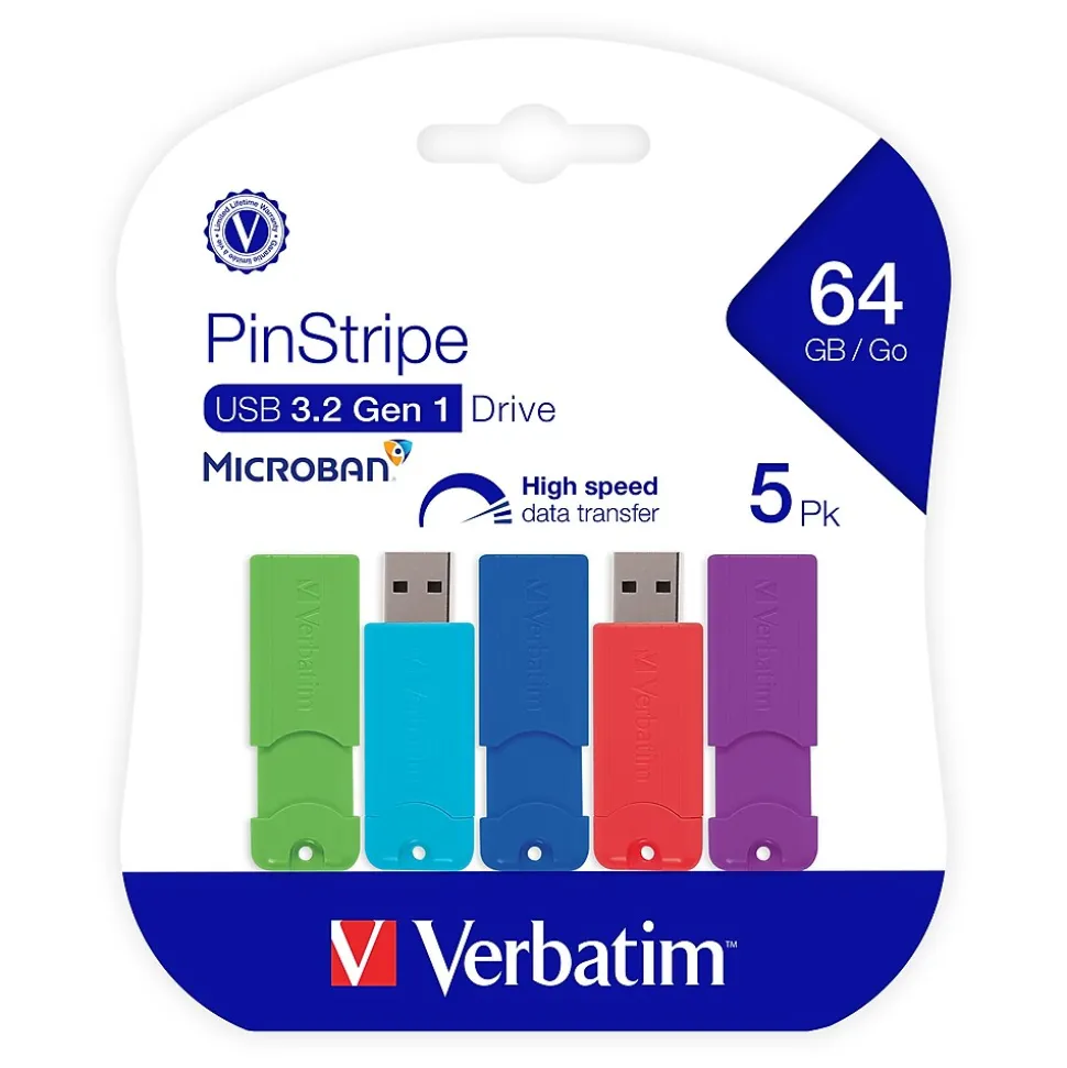 PinStripe 64GB USB 3.2 Type-A Flash Drive, Assorted Colors, 5/Pack (70389) | Verbatim Shop
