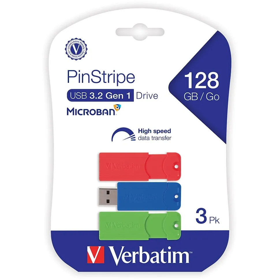 PinStripe 128GB USB 3.2 Type-A Flash Drive, Red/Green/Blue, 3/Pack (70390) | Verbatim Discount