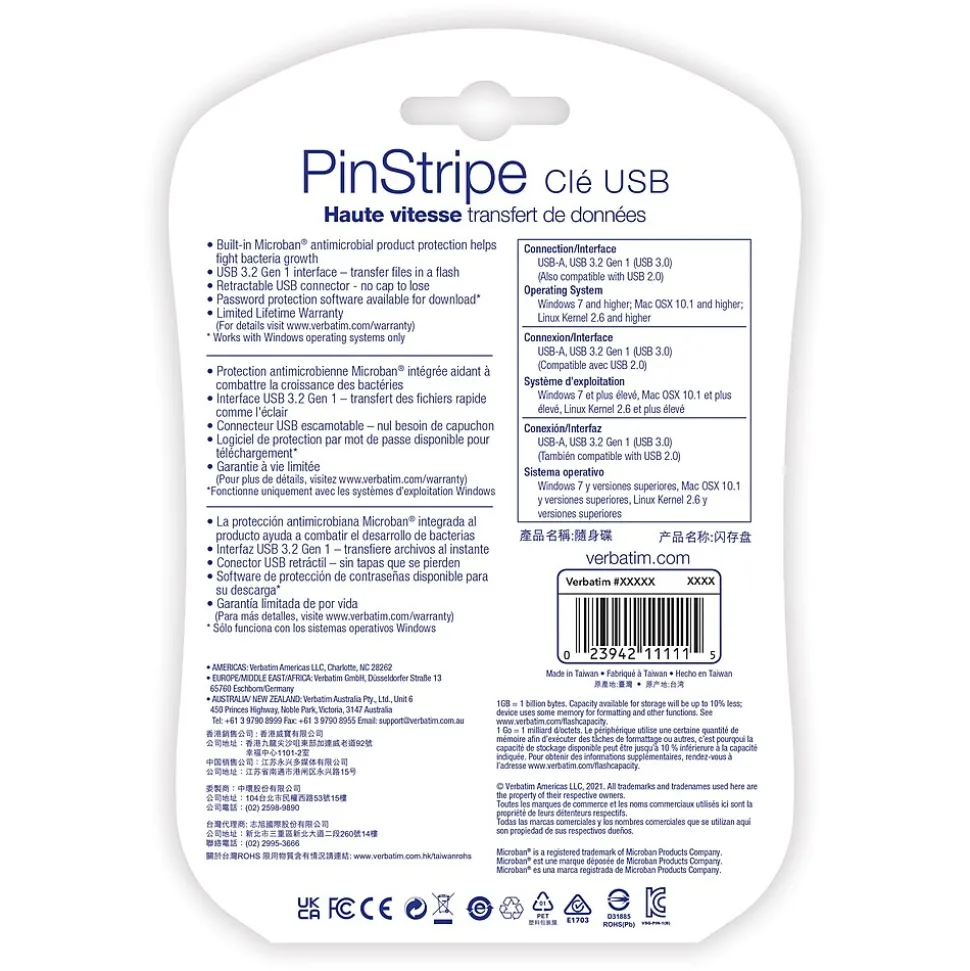 PinStripe 128GB USB 3.2 Type-A Flash Drive, Red/Green/Blue, 3/Pack (70390) | Verbatim Discount