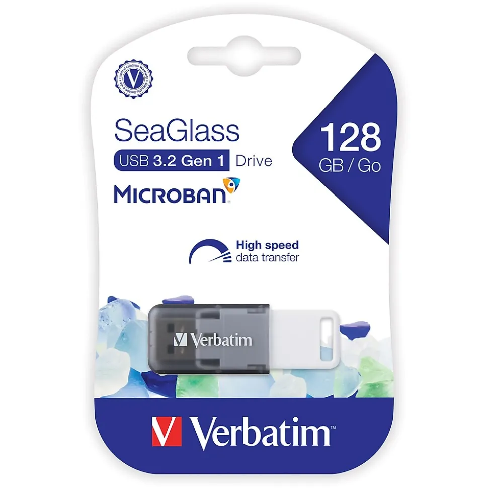 SeaGlass 128GB USB 3.2 Type A Flash Drive, Gray (70909) | Verbatim New