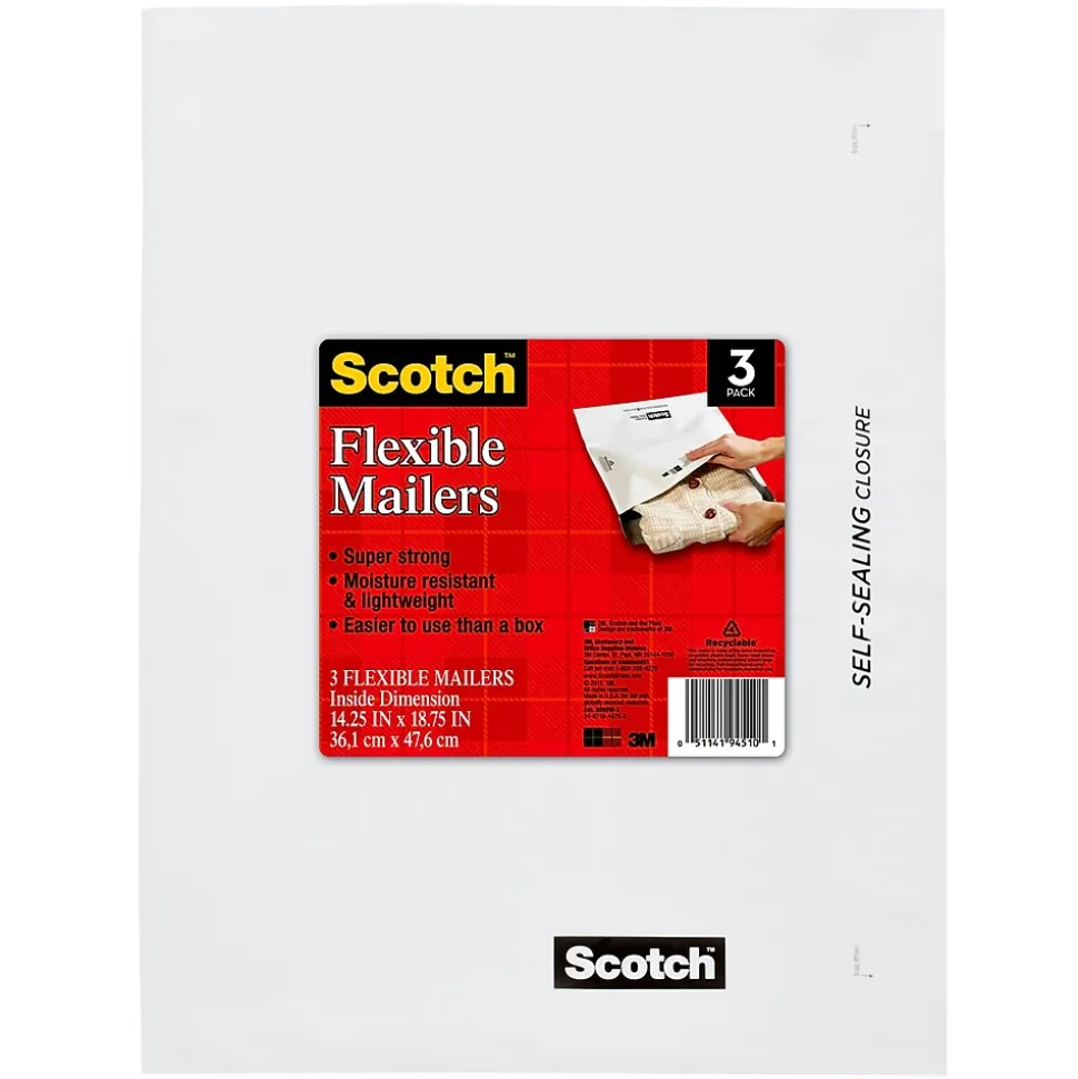 14.25" x 18.75" Self-Sealing Poly Mailer, #3, White, 3/Pack (8990W-3) | Scotch Cheap